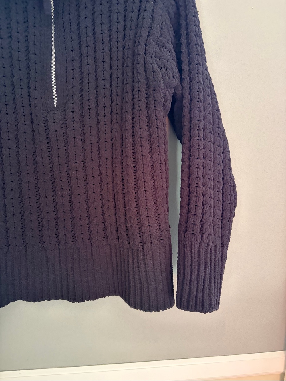 Aerie Cable Car 1/4 Zip Sweater Black Pullover Chenille Open Weave Chunky Knit - Picture 3 of 13
